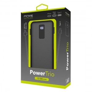 Powerbank 10000mAh Moxie PowerTrio x1 Micro-USB / Lightning, x1 USB Type-C- Noir