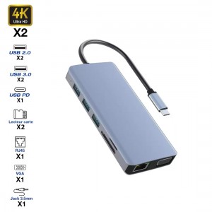 Hub USB-C vers 2 HDMI 4K/4 USB-A/1 USB-C/2 SD-TS/RJ45/VGA/jack