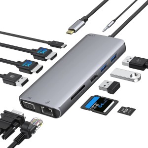 Hub USB-C vers 2 HDMI 4K/4 USB-A/1 USB-C/2 SD-TS/RJ45/VGA/jack