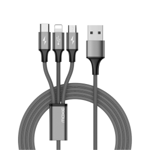 Câble data 3 en 1  Lightning / Micro-USB / USB Type-C 3A 1.2M en Nylon tressé - Argent