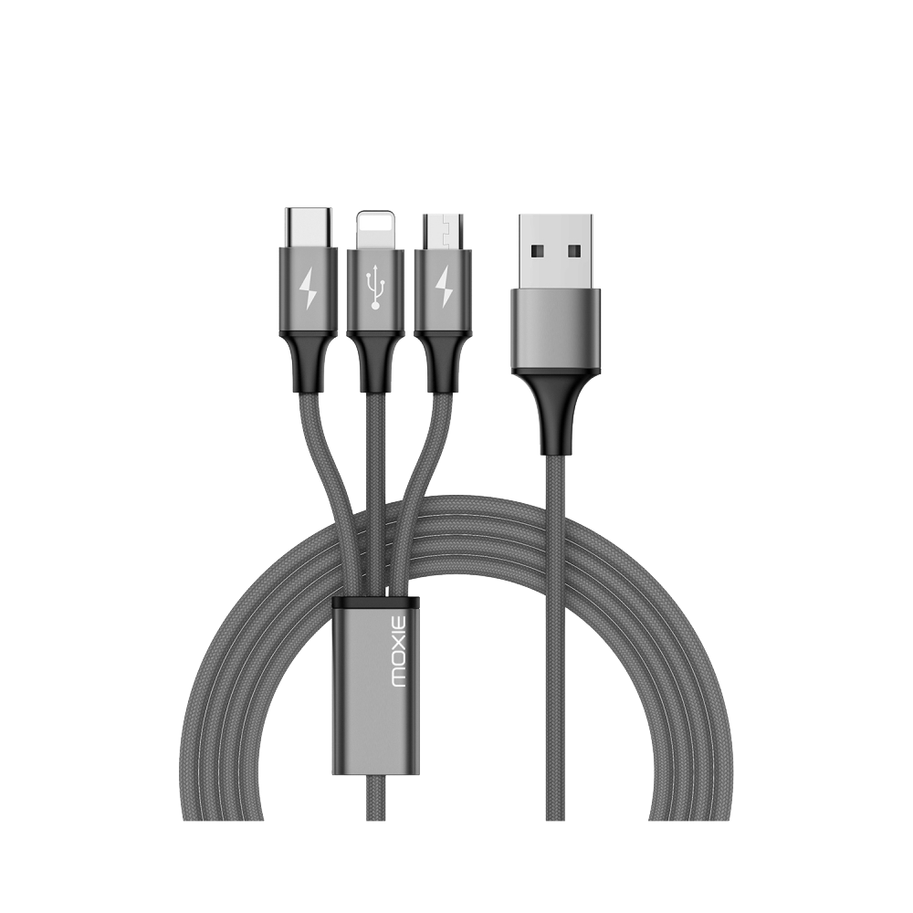 Câble data 3 en 1  Lightning / Micro-USB / USB Type-C 3A 1.2M en Nylon tressé - Argent