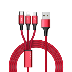 Moxie Câble 3 en 1  Lightning / Micro-USB / USB Type-C en 3A 1.2M Rouge