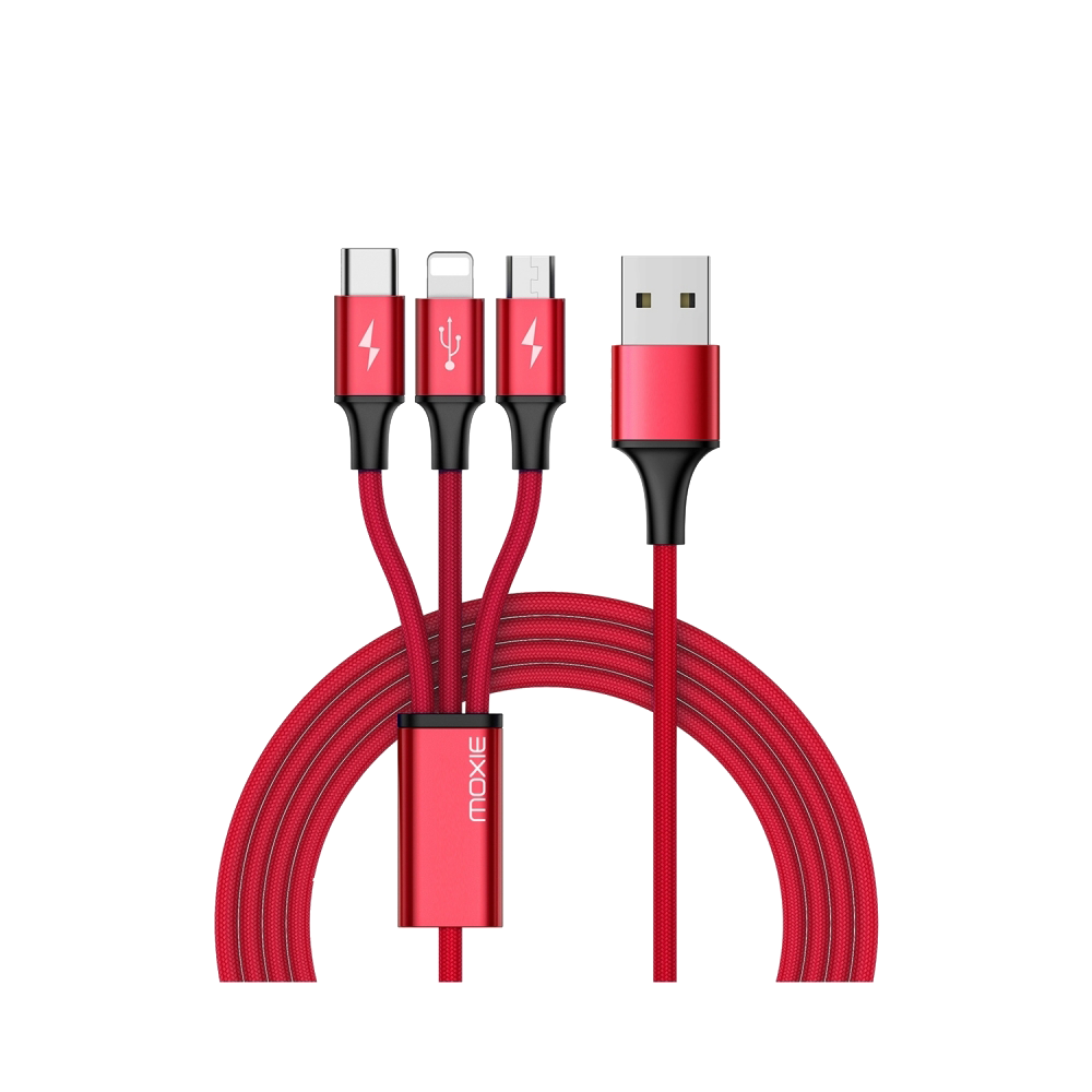 Moxie Câble 3 en 1  Lightning / Micro-USB / USB Type-C en 3A 1.2M Rouge