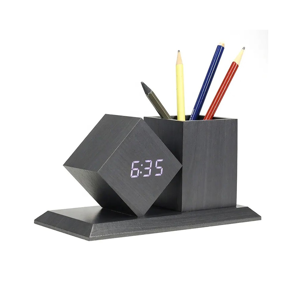 Horloge / pot à crayon en bois