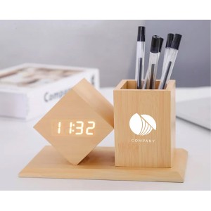 Horloge / pot à crayon en bois