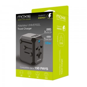 Adaptateur secteur Universel de Voyage Noir avec 3 prises USB et 1 TYPE C