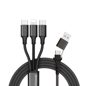 Câble 3 en 1en nylon tressé avec entrée Type-C / USB-A et sortie Lightning / Micro-USB / USB Type-C Fast charge 3A -Noir