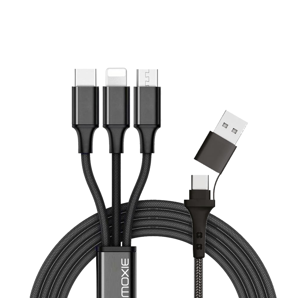 Câble 3 en 1en nylon tressé avec entrée Type-C / USB-A et sortie Lightning / Micro-USB / USB Type-C Fast charge 3A -Noir
