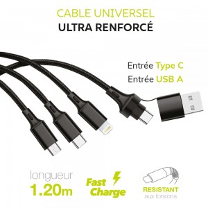 Câble 3 en 1en nylon tressé avec entrée Type-C / USB-A et sortie Lightning / Micro-USB / USB Type-C Fast charge 3A -Noir