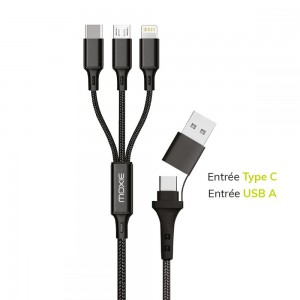 Câble 3 en 1en nylon tressé avec entrée Type-C / USB-A et sortie Lightning / Micro-USB / USB Type-C Fast charge 3A -Noir