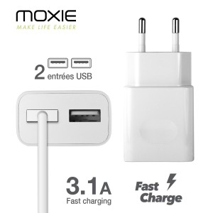 Chargeur Secteur Moxie Duo charge rapide avec 2 Entrées USB - Blanc