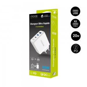 Chargeur Secteur 65W  Fast charge Power Delivery avec 2 sorties Type-C et 1 sortie USB-A
