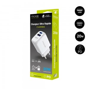 Chargeur Secteur 20W  Fast charge Power Delivery - 1 sortie Type-C / 1 sortie USB-A - Sous packaging