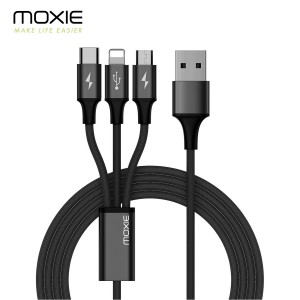 Câble 3 en 1 Moxie Lightning / Micro-USB / USB Type-C 3A 1.2M en Nylon tressé - noir